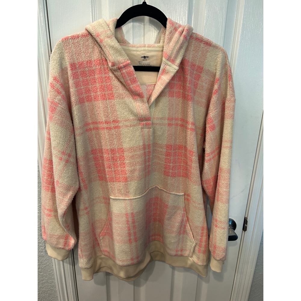 Aerie Sherpa‎ Hoodie Pink Cream Plaid Fleece Pullover Kangaroo Pocket Sweatshirt